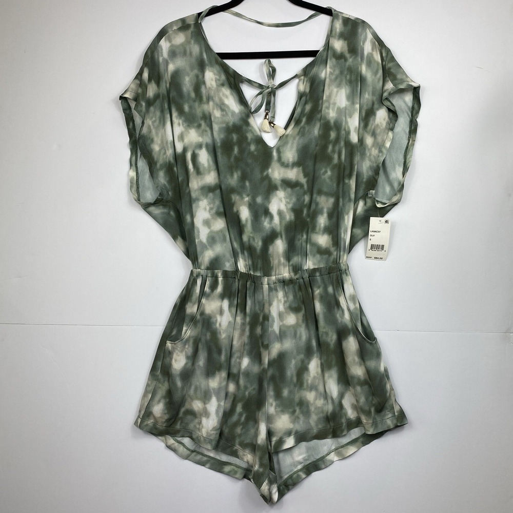 Lucky Brand Womens Boho Green Tie Dye Romper V-Neck Tie Back Size S Festival